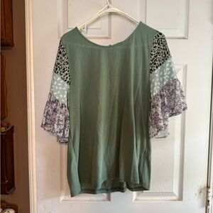 Green Women's Top with Patterned Sleeves